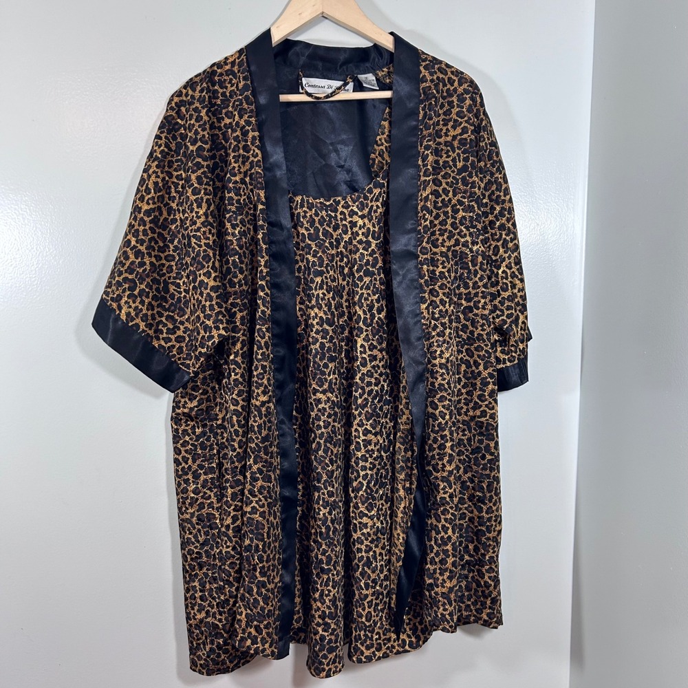 Contessa Di Roma Leopard Print Robe and Nightgown Set Small Brown Black Animal